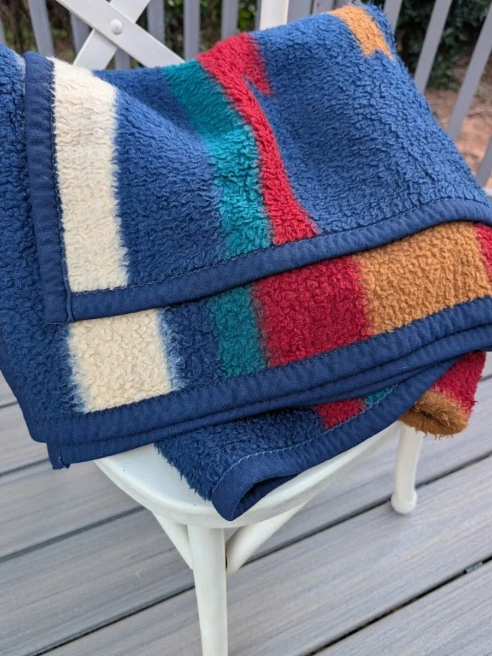 Biederlack Blanket Aztec Southwest Plush Blue Red Green Reversible Vintage